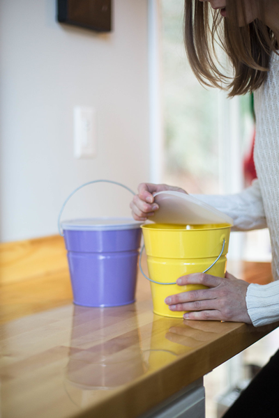 storage buckets yellow and purple metal